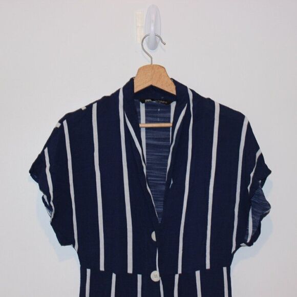 Zara Navy Blue & White Stripes Button Details midi Dress Women's Size M - Picture 5 of 13